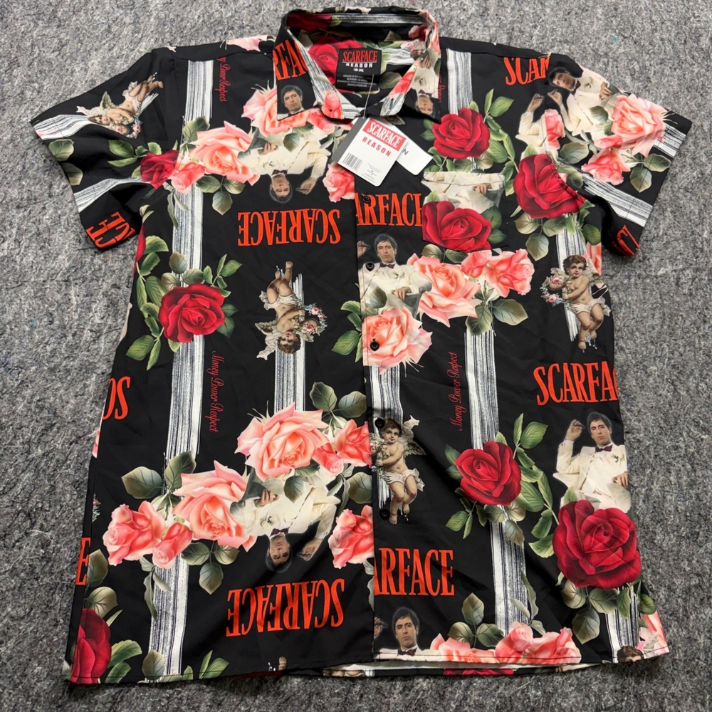 Reason Scarface Tony Montana Rose Cherub Button Up Shirt Mens 3X Black SF-60 NWT